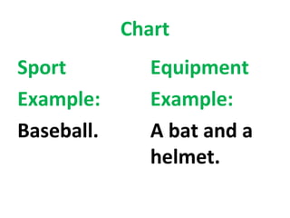 Chart
Sport          Equipment
Example:       Example:
Baseball.      A bat and a
               helmet.
 