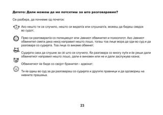 Понекогаш децата велат дека се плашат да одат на суд. Најчесто затоа што не знаат што е тоа
суд. Потоа раскажуваат дека откако дознале што е тоа вистински суд, повеќе не се плашат. Ти
знаеш веќе многу за судот.
Дали малку се плашиш? Ако е така, тогаш овде може да нацрташ од што се плашиш.

24

 