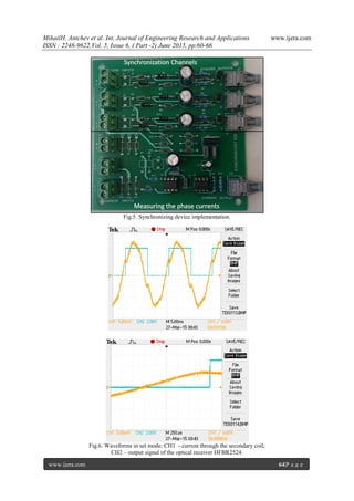 MihailH. Antchev et al. Int. Journal of Engineering Research and Applications www.ijera.com
ISSN : 2248-9622,Vol. 5, Issue 6, ( Part -2) June 2015, pp.60-66
www.ijera.com 64|P a g e
Fig.5. Synchronizing device implementation.
Fig.6. Waveforms in set mode: СН1 - current through the secondary coil;
СН2 – output signal of the optical receiver HFBR2524.
 