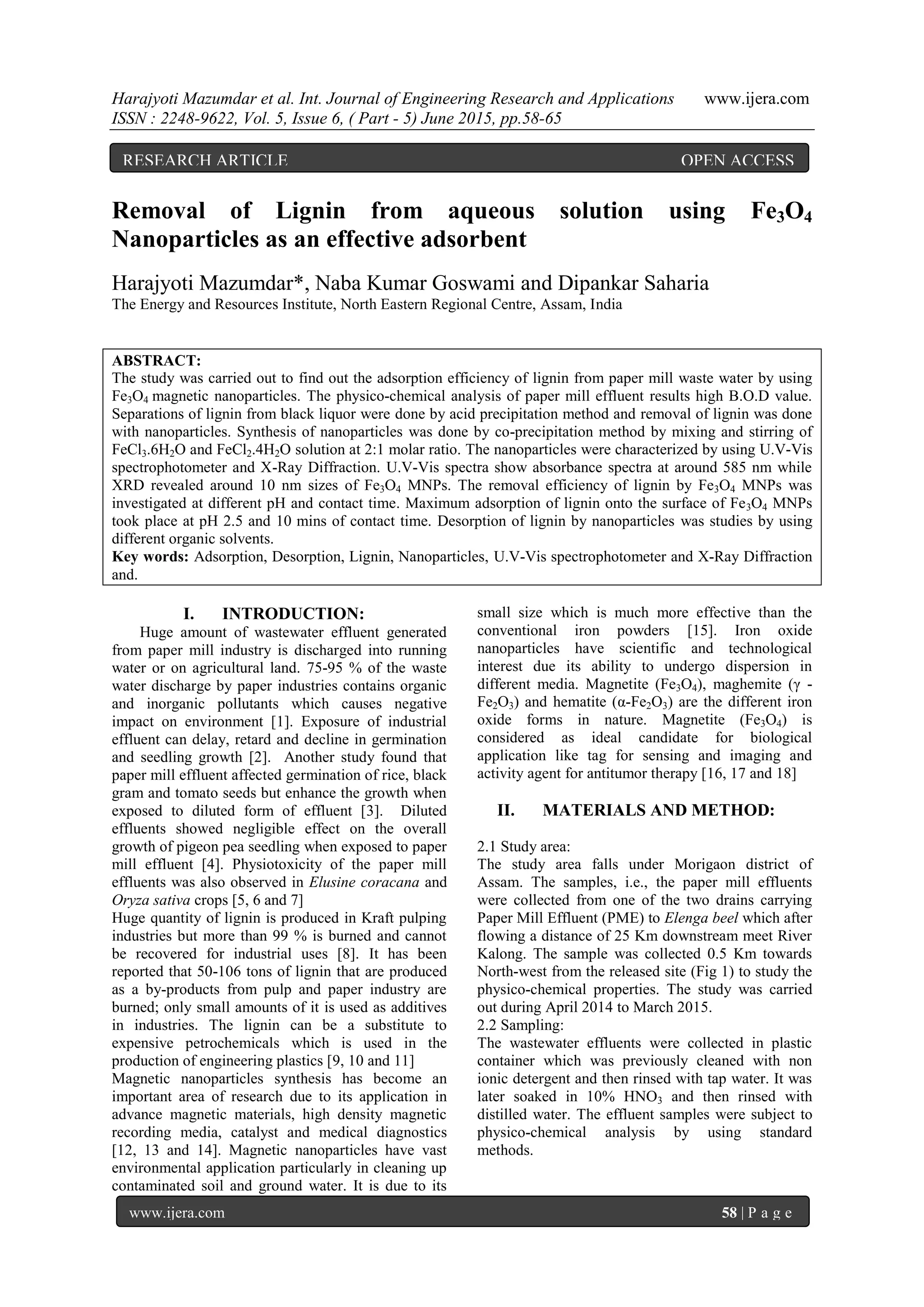 Removal of Lignin from aqueous solution using Fe3O4 Nanoparticles as an ...