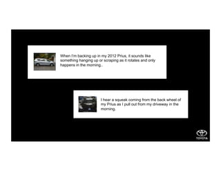 When I’m backing up in my 2012 Prius, it sounds like
something hanging up or scraping as it rotates and only
happens in the morning..
I hear a squeak coming from the back wheel of
my Prius as I pull out from my driveway in the
morning.
 