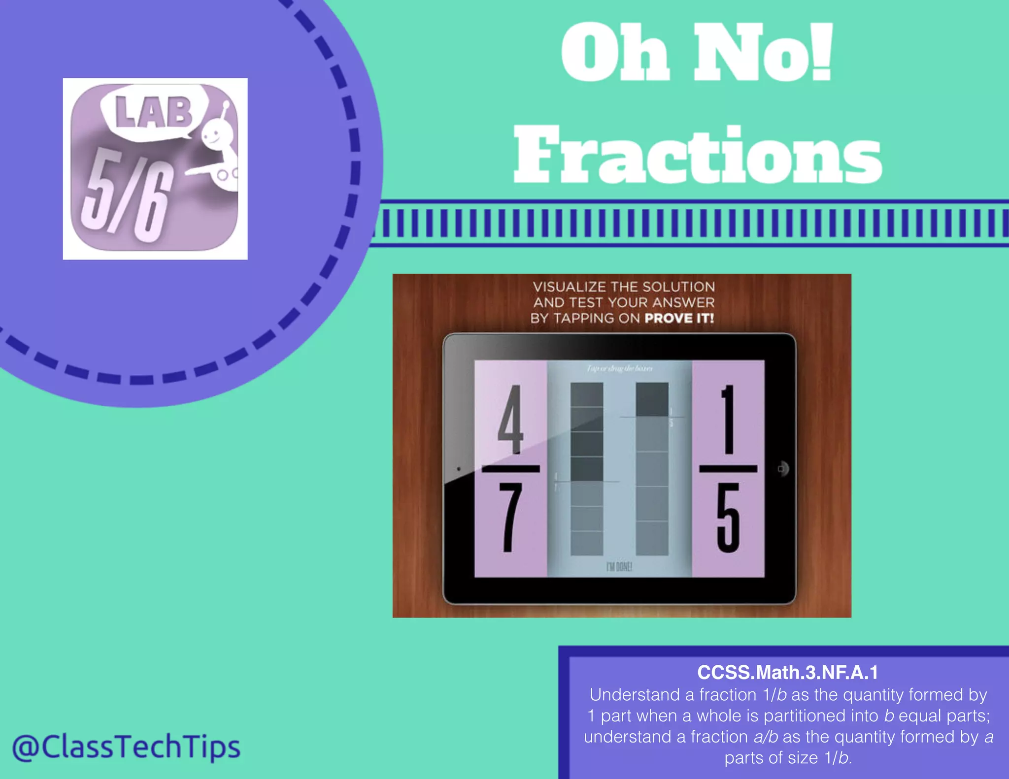 CCSS.Math.3.NF.A.1
Understand a fraction 1/b as the quantity formed by
1 part when a whole is partitioned into b equal parts;
understand a fraction a/b as the quantity formed by a
parts of size 1/b.
 