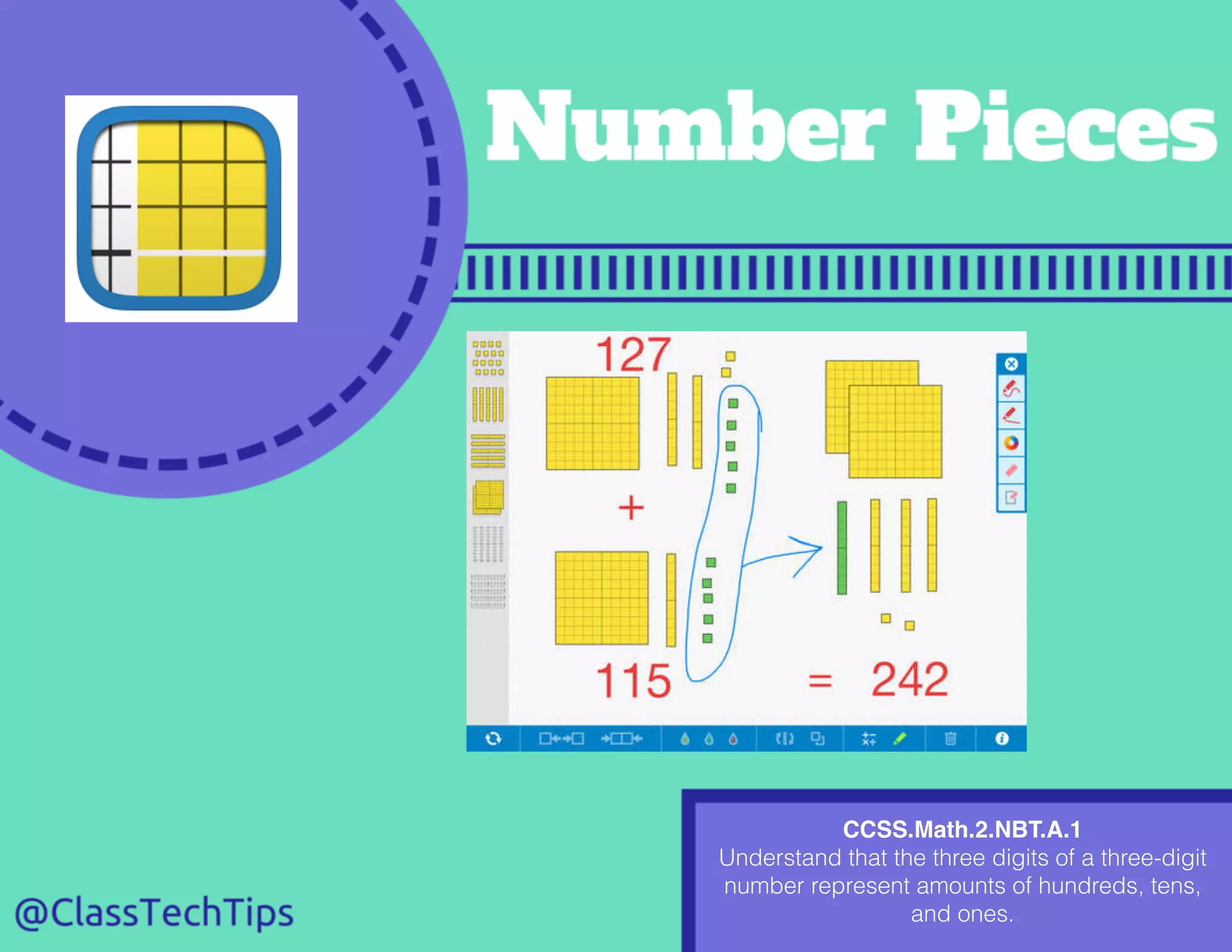 CCSS.Math.2.NBT.A.1
Understand that the three digits of a three-digit
number represent amounts of hundreds, tens,
and ones.
 