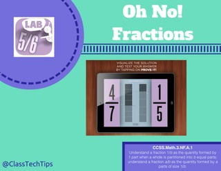 CCSS.Math.3.NF.A.1
Understand a fraction 1/b as the quantity formed by
1 part when a whole is partitioned into b equal parts;
understand a fraction a/b as the quantity formed by a
parts of size 1/b.
 