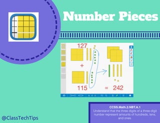 CCSS.Math.2.NBT.A.1
Understand that the three digits of a three-digit
number represent amounts of hundreds, tens,
and ones.
 