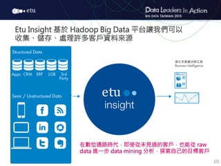 10
Etu Insight 基於 Hadoop Big Data 平台讓我們可以
收集、儲存、處理許多客戶資料來源
在數位通路時代，即使從未見過的客戶，也能從 raw
data 進一步 data mining 分析，探索自己的目標客戶
 