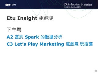 23
Etu Insight 姐妹場
下午場
A2 基於 Spark 的數據分析
C3 Let’s Play Marketing 瘋創意 玩推薦
 