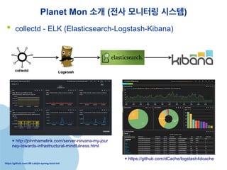 https://github.com/JM-Lab/jm-spring-boot-init
Planet Mon ?? (?? ???? ???)
?? collectd - ELK (Elasticsearch-Logstash-Kibana)
* http://johnhamelink.com/server-nirvana-my-jour
ney-towards-infrastructural-mindfulness.html
* https://github.com/dCache/logstash4dcache
 