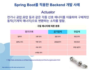 https://github.com/JM-Lab/jm-spring-boot-init
Spring Boot? ??? Backend ?? ??
??? ??,?? ?? ?? ?? ?? ???? ???? ????
??(??? ???)?? ???? ??? ??.
* http://edu.smckorea.co.kr/learning/source/studyroom/bochung/actuator.html
Actuator
 