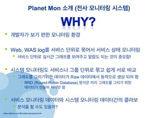 https://github.com/JM-Lab/jm-spring-boot-init
Planet Mon ?? (?? ???? ???)
?? ???? ?? ?? ???? ??
?? Web, WAS log? ??? ??? ??? ??? ?? ????
?? ??? ??? ??? ???? ???? ??? ?? ?? ???!
?? ??? ????? ???? ?? ??? ?? ?? ?? ??
?? ???? ????? ???? Raw ????? ???? ?? ?? ?
?? RRD (Round-Robin Database) ??? ?? ???? ??? ??
???? ??? ??? ?
?? ??? ???? ???? ??? ???? ????? ???
?? ??? ? ?? ????
 
