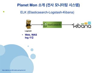 https://github.com/JM-Lab/jm-spring-boot-init
Planet Mon ?? (?? ???? ???)
?? collectd - ELK (Elasticsearch-Logstash-Kibana)
?? Web, WAS
log ??
?? System
Monitoring
Data Collector
?? Distributed,
scalable, and
highly available
?? Real-time search
and analytics
capabilities
?? Sophisticated
RESTful API
?? Flexible analytics
and visualization
platform
?? Real-time charting
of streaming data
?? Instant sharing and
embedding of dash
boards
 