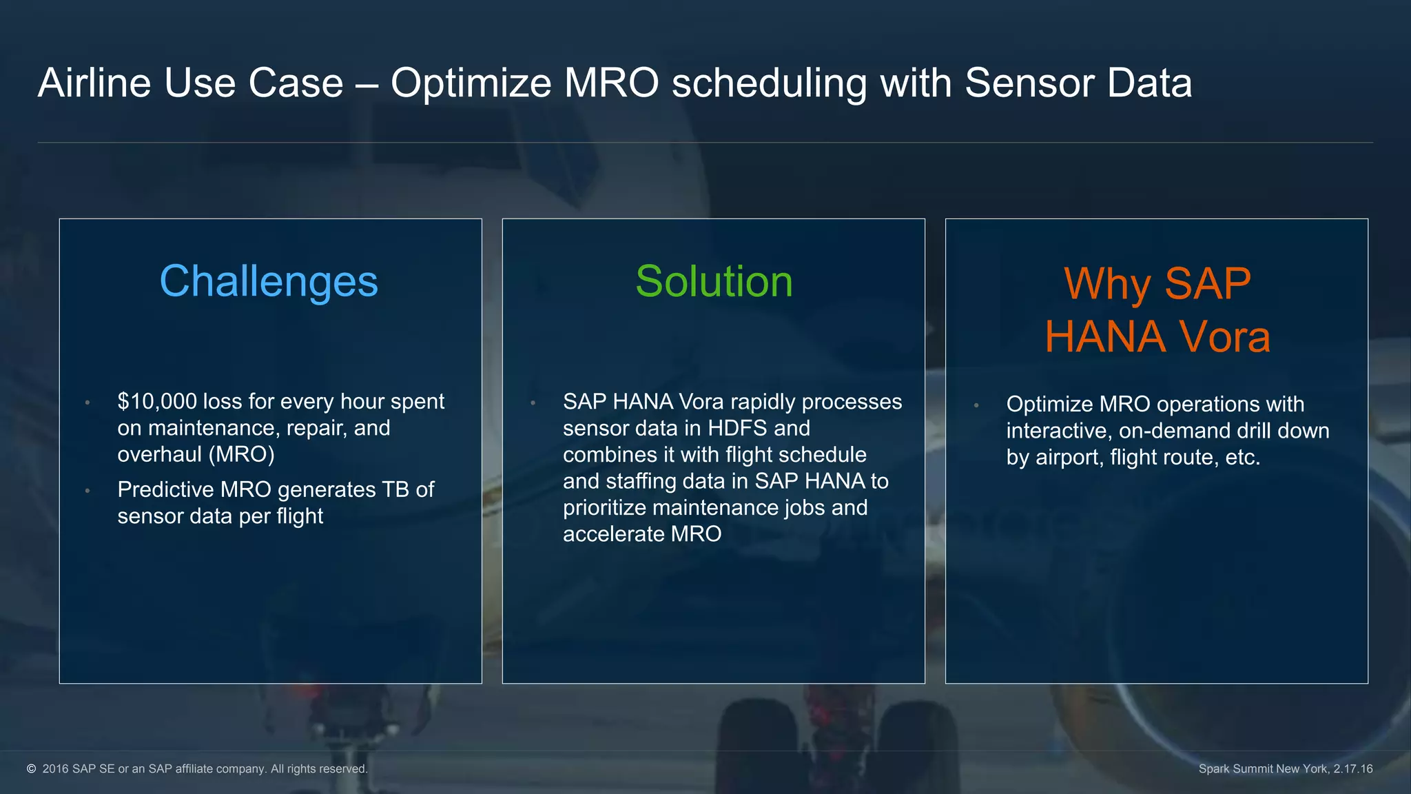 © 2016 SAP SE or an SAP affiliate company. All rights reserved. Spark Summit New York, 2.17.16
Airline Use Case – Optimize MRO scheduling with Sensor Data
Challenges
• $10,000 loss for every hour spent
on maintenance, repair, and
overhaul (MRO)
• Predictive MRO generates TB of
sensor data per flight
Solution
• SAP HANA Vora rapidly processes
sensor data in HDFS and
combines it with flight schedule
and staffing data in SAP HANA to
prioritize maintenance jobs and
accelerate MRO
Why SAP
HANA Vora
• Optimize MRO operations with
interactive, on-demand drill down
by airport, flight route, etc.
© 2016 SAP SE or an SAP affiliate company. All rights reserved. Spark Summit New York, 2.17.16
 