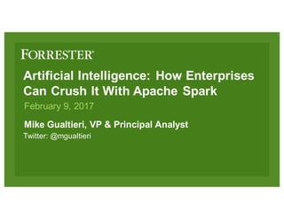 Artificial Intelligence: How Enterprises
Can Crush It With Apache Spark
Mike Gualtieri, VP & Principal Analyst
February 9, 2017
Twitter: @mgualtieri
 