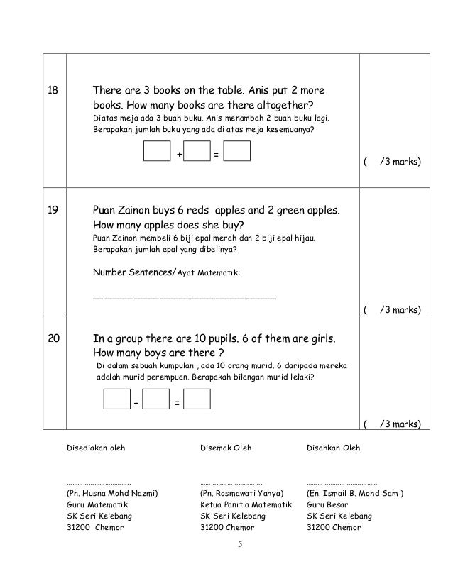 Soalan matematik tahun 1