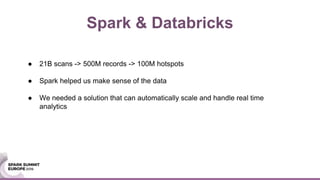 Spark & Databricks
● 21B scans -> 500M records -> 100M hotspots
● Spark helped us make sense of the data
● We needed a sol...