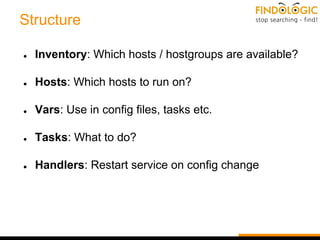 Structure
● Inventory: Which hosts / hostgroups are available?
● Hosts: Which hosts to run on?
● Vars: Use in config files, tasks etc.
● Tasks: What to do?
● Handlers: Restart service on config change
 