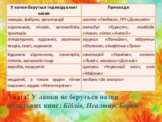 У лапки беруться індивідуальні
назви
Приклади
заводів, фабрик, організацій шахта «Глибока», ПП «Дивосвіт»
пароплавів, літаків, автомобілів,
тракторів
автобус «Турист», комбайн
«Нива», літак «Антей»
літературних, художніх, музичних
творів, газет, журналів
журнал «Пізнайко», підручник
«Біологія», кінофільм «Троя»
будинків відпочинку, санаторіїв,
готелів, магазинів тощо
санаторій «Україна», готель
«Львів», магазин «Для вас»
виробів, продуктів цукерки «Червоний мак», олія
«Майола»
медалей, а також орден «Знак
пошани», орден «Мати-героїня»
медаль «За заслуги»
Увага! У лапки не беруться назви
культових книг: Біблія, Псалтир, Коран.
 