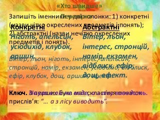 «Хто швидше»
Запишіть іменники у дві колонки: 1) конкретні
(назви чітко окреслених предметів і понять);
2) абстрактні (назви нечітко окреслених
предметів і понять).
Вітер, льон, ніготь, інтерес, апельсин,
стронцій, намір, екзамен, усюдихід, відблиск,
ефір, клубок, дощ, аршин, ефект.
Ключ. З перших букв має скластися початок
прислів’я: “… а з лісу виводить”.
Перевірка
Конкретні
Ніготь, апельсин,
усюдихід, клубок,
аршин.
Абстрактні
Вітер, льон,
інтерес, стронцій,
намір, екзамен,
відблиск, ефір,
дощ, ефект.
Ключ. Наука в ліс не веде, а з лісу виводить.
 