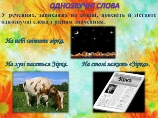 У реченнях, записаних на дошці, поясніть й зіставте
однозвучні слова з різним значенням.
На небі світить зірка.
На лузі пасеться Зірка. На столі лежить «Зірка».
 