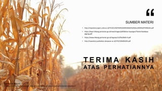 T E R I M A K A S I H
ATAS PERHATIANNYA
SUMBER MATERI
• http://repository.lppm.unila.ac.id/7519/1/SISTEM%20DRAINASE%20SALURAN%20TERBUKA.pdf
• https://kepri.litbang.pertanian.go.id/new/images/pdf/Bahan-tayangan/Teknik-Budidaya-
jagung.pdf
• https://www.litbang.pertanian.go.id/regulasi/12/file/BAB-III.pdf
• http://repository.poltekkes-denpasar.ac.id/570/3/BAB%20II.pdf
TEMPLATE CREDIT
• https://www.free-powerpoint-templates-design.com/natural-leaf-powerpoint-templates/
 