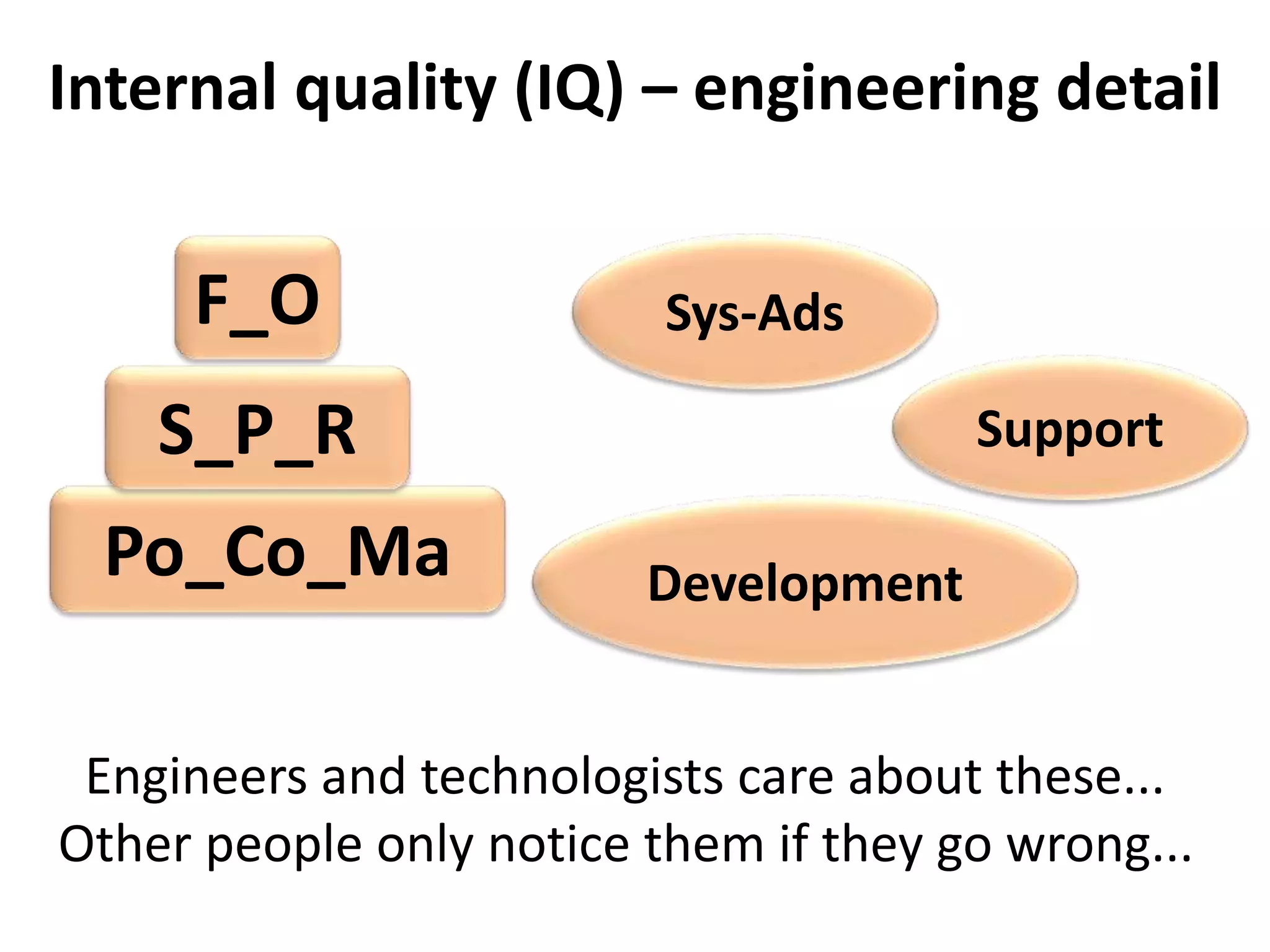 Internal quality (IQ) – engineering detail 
Support 
F_O Sys-Ads 
Development 
S_P_R 
Po_Co_Ma 
Engineers and technologists care about these... 
Other people only notice them if they go wrong... 
 