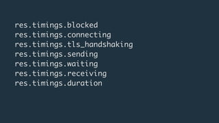 res.timings.blocked
res.timings.connecting
res.timings.tls_handshaking
res.timings.sending
res.timings.waiting
res.timings.receiving
res.timings.duration
 