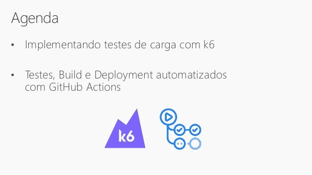 Agenda
• Implementando testes de carga com k6
• Testes, Build e Deployment automatizados
com GitHub Actions