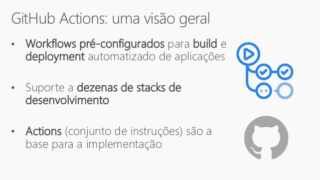 GitHub Actions: uma visão geral
• Workflows pré-configurados para build e
deployment automatizado de aplicações
• Suporte a dezenas de stacks de
desenvolvimento
• Actions (conjunto de instruções) são a
base para a implementação