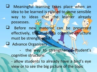  Meaningful learning takes place when an
idea to be learned is related to some sensible
way to ideas that the learner already
possesses.
 Before new material can be presented
effectively, the student’s cognitive structure
must be strengthened.
 Advance Organizers
- the way to strengthened student’s
cognitive structure.
- allow students to already have a bird’s eye
view or to see the big picture of the topic
 
