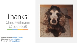 Thanks!
Chris Heilmann
@codepo8
Terminal photo by Terminal 5 Insider
Editor photo by John Oxley Library
Browser photo by Joseph Brent
 