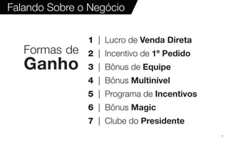 7
Falando Sobre o Negócio
Formas de
Ganho
1 | Lucro de Venda Direta
2 | Incentivo de 1º Pedido
3 | Bônus de Equipe
4 | Bônus Multinível
5 | Programa de Incentivos
6 | Bônus Magic
7 | Clube do Presidente
 