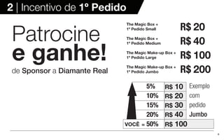 9
2 | Incentivo de 1º Pedido
Patrocine
e ganhe!
de Sponsor a Diamante Real
VOCÊ = 50%
20%
15%
10%
5% Exemplo
com
pedido
Jumbo
R$ 10
R$ 20
R$ 30
R$ 40
R$ 100
The Magic Box +
1º Pedido Small
The Magic Box +
1º Pedido Medium
The Magic Make-up Box +
1º Pedido Large
The Magic Make-up Box +
1º Pedido Jumbo
20R$
R$
R$
R$
40
100
200
 