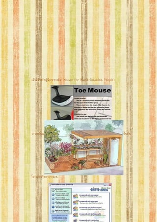 เม้าส์สาหรับผู้พิการทางมือ (Mouse for Hand-Disabled People) 
ระบบจาลองการจัดสวนออนไลน์ (Online Virtual Gardening System) เป็นต้น 
โปรแกรมจัดตารางสอน 
 