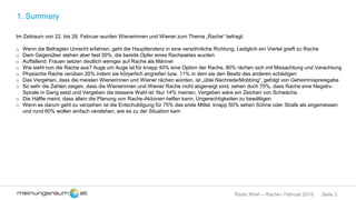 Seite 3Radio Wien – Rache– Februar 2018
1. Summary
Im Zeitraum von 22. bis 26. Februar wurden Wienerinnen und Wiener zum Thema „Rache“ befragt:
o Wenn die Befragten Unrecht erfahren, geht die Haupttendenz in eine versöhnliche Richtung, Lediglich ein Viertel greift zu Rache
o Dem Gegenüber stehen aber fast 30%, die bereits Opfer eines Racheaktes wurden
o Auffallend: Frauen setzen deutlich weniger auf Rache als Männer
o Wie sieht nun die Rache aus? Auge um Auge ist für knapp 40% eine Option der Rache, 80% rächen sich mit Missachtung und Verachtung
o Physische Rache verüben 20% indem sie körperlich angreifen bzw. 11% in dem sie den Besitz des anderen schädigen
o Das Vergehen, dass die meisten Wienerinnen und Wiener rächen würden, ist „üble Nachrede/Mobbing“, gefolgt von Geheimnispreisgabe
o So sehr die Zahlen zeigen, dass die Wienerinnen und Wiener Rache nicht abgeneigt sind, sehen doch 75%, dass Rache eine Negativ-
Spirale in Gang setzt und Vergeben die bessere Wahl ist: Nur 14% meinen, Vergeben wäre ein Zeichen von Schwäche.
o Die Hälfte meint, dass allein die Planung von Rache-Aktionen helfen kann, Ungerechtigkeiten zu bewältigen
o Wenn es darum geht zu verzeihen ist die Entschuldigung für 75% das erste Mittel, knapp 50% sehen Sühne oder Strafe als angemessen
und rund 60% wollen einfach verstehen, wie es zu der Situation kam
 