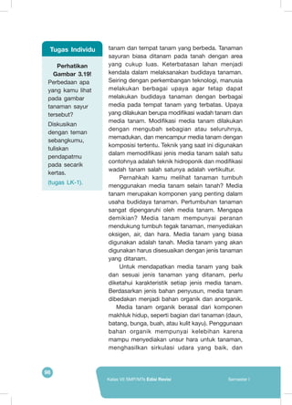 98
Kelas VII SMP/MTs Edisi Revisi Semester I
tanam dan tempat tanam yang berbeda. Tanaman
sayuran biasa ditanam pada tanah dengan area
yang cukup luas. Keterbatasan lahan menjadi
kendala dalam melaksanakan budidaya tanaman.
Seiring dengan perkembangan teknologi, manusia
melakukan berbagai upaya agar tetap dapat
melakukan budidaya tanaman dengan berbagai
media pada tempat tanam yang terbatas. Upaya
yang dilakukan berupa modifikasi wadah tanam dan
media tanam. Modifikasi media tanam dilakukan
dengan mengubah sebagian atau seluruhnya,
memadukan, dan mencampur media tanam dengan
komposisi tertentu. Teknik yang saat ini digunakan
dalam memodifikasi jenis media tanam salah satu
contohnya adalah teknik hidroponik dan modifikasi
wadah tanam salah satunya adalah vertikultur.
	Pernahkah kamu melihat tanaman tumbuh
menggunakan media tanam selain tanah? Media
tanam merupakan komponen yang penting dalam
usaha budidaya tanaman. Pertumbuhan tanaman
sangat dipengaruhi oleh media tanam. Mengapa
demikian? Media tanam mempunyai peranan
mendukung tumbuh tegak tanaman, menyediakan
oksigen, air, dan hara. Media tanam yang biasa
digunakan adalah tanah. Media tanam yang akan
digunakan harus disesuaikan dengan jenis tanaman
yang ditanam.
	Untuk mendapatkan media tanam yang baik
dan sesuai jenis tanaman yang ditanam, perlu
diketahui karakteristik setiap jenis media tanam.
Berdasarkan jenis bahan penyusun, media tanam
dibedakan menjadi bahan organik dan anorganik.
Media tanam organik berasal dari komponen
makhluk hidup, seperti bagian dari tanaman (daun,
batang, bunga, buah, atau kulit kayu). Penggunaan
bahan organik mempunyai kelebihan karena
mampu menyediakan unsur hara untuk tanaman,
menghasilkan sirkulasi udara yang baik, dan
Perhatikan
Gambar 3.19!
Perbedaan apa
yang kamu lihat
pada gambar
tanaman sayur
tersebut?
Diskusikan
dengan teman
sebangkumu,
tuliskan
pendapatmu
pada secarik
kertas.
(tugas LK-1).
Tugas Individu
 