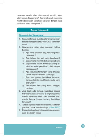 Prakarya
103
tanaman sendiri dan dikonsumsi sendiri, akan
lebih hemat. Bagaimana? Berminat untuk mencoba
membudidayakan tanaman sayuran dengan cara
vertikultur atau hidroponik ?
Observasi dan Wawancara!
1.	 Kunjungi tempat budidaya tanaman sayuran
secara hidroponik atau vertikultur, kemudian
amati.
2.	 Wawancara petani dan tanyakan hal-hal
berikut.
a.	 Apa jenis tanaman sayuran yang dibu-
didayakan?
b.	 Apa bahan dan alat yang diperlukan?
c.	 Bagaimana memilih bahan yang baik?
d.	 Bagaimana teknik budidaya yang di-
lakukan mulai pemilihan bibit sampai
pascapanen?
e.	 Apa kesulitan/tantangan yang dihadapi
dalam melaksanakan budidaya?
f.	 Apa keunggulan budidaya tanaman
dengan teknik modifikasi media yang
dilakukan?
g.	 Pertanyaan lain yang kamu anggap
penting.
3.	 Jika tidak ada tempat budidaya secara
hidroponik dan vertikultur di lingkunganmu,
carilah informasi dari buku sumber atau
media lainya (video tentang budidaya
tersebut)!
4.	 Tulislah laporan hasil observasimu. Sertakan
gambar untuk visualisasinya. (Lihat LK-7)
5.	 Presentasikan hasil observasi dan wawan-
cara di depan kelas!
Tugas Kelompok
 