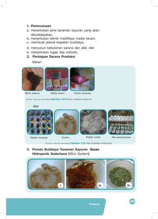 Prakarya
105
1.	Perencanaan
a.	menentukan jenis tanaman sayuran yang akan
dibudidayakan,
b.	menentukan teknik modifikasi media tanam,
c.	membuat jadwal kegiatan budidaya,
d.	menyusun kebutuhan sarana dan alat, dan
e.	menentukan tugas tiap individu.
2.	 Persiapan Sarana Produksi
Bahan
(Sumber: Dokumen Kemdikbud) Gambar 3.25 Alat budidaya hidroponik
	
   	
   	
   	
  
Wadah tanaman Sumbu Wadah nutrisi Rak penyimpanan
(Sumber: Dokumen Kemdikbud) Gambar 3.24 Bahan budidaya hidroponik
Benih pakcoy Media tanam Nutrisi tanaman
3.	 Proses Budidaya Tanaman Sayuran 	Secara
Hidroponik Sederhana (Wick System)
Alat
1 2a 2b
 