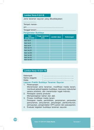 110
Kelas VII SMP/MTs Edisi Revisi Semester I
Jenis tanaman sayuran yang dibudidayakan:
........................
Tempat menan-
am:.....................................................................
Tanggal tanam:..........................................................................
Pengamatan Budidaya
Hari
pengamatan
Tinggi tanaman
(cm)
Jumlah daun Keterangan
Hari ke-3
Hari ke-6
Hari ke-9
Hari ke-12
Hari ke-22
Hari ke-29
Hari ke-36
Hari ke-43
Hari ke-50
Lembar Kerja 9 (LK-9)
Kelompok			 : ………………………………………..
Nama anggota	 : ………………………………………..
Kelas				 : ………………………………………..
Laporan Praktik Budidaya Tanaman Sayuran
1.	Perencanaan
Menentukan jenis tanaman, modifikasi media tanam,
membuat jadwal kegiatan budidaya, menyusun kebutuhan
sarana produksi, dan menentukan tugas individu.
2.	 Persiapan sarana produksi
	Mempersiapkan bahan dan alat.
3.	 Proses modifikasi media tanam
Persiapan media, pembibitan, penanaman, perawatan
(penyiraman, penyulaman, penyiangan, pembumbunan,
pemupukan, pengendalian OPT) panen dan pascapanen.
4.	 Evaluasi kegiatan budidaya tanaman sayuran.
Lembar Kerja 10 (LK-10)
 