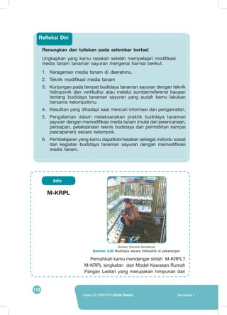 112
Kelas VII SMP/MTs Edisi Revisi Semester I
Renungkan dan tuliskan pada selembar kertas!
Ungkapkan yang kamu rasakan setelah mempelajari modifikasi
media tanam tanaman sayuran mengenai hal-hal berikut.
1.	 Keragaman media tanam di daerahmu.
2.	 Teknik modifikasi media tanam
3.	 Kunjungan pada tempat budidaya tanaman sayuran dengan teknik
hidroponik dan vertikultur atau melalui sumber/referensi bacaan
tentang budidaya tanaman sayuran yang sudah kamu lakukan
bersama kelompokmu.
4.	 Kesulitan yang dihadapi saat mencari informasi dan pengamatan.
5.	 Pengalaman dalam melaksanakan praktik budidaya tanaman
sayuran dengan memodifikasi media tanam (mulai dari perencanaan,
persiapan, pelaksanaan teknis budidaya dari pembibitan sampai
pascapanen) secara kelompok.
6.	 Pembelajaran yang kamu dapatkan/rasakan sebagai individu sosial
dari kegiatan budidaya tanaman sayuran dengan memodifikasi
media tanam.
Refleksi Diri
Info
M-KRPL
(Sumber: Dokumen Kemdikbud)
Gambar 3.28 Budidaya secara hidropinik di pekarangan
	
  
Pernahkah kamu mendengar istilah M-KRPL?
M-KRPL singkatan dari Model Kawasan Rumah
Pangan Lestari yang merupakan himpunan dari
 