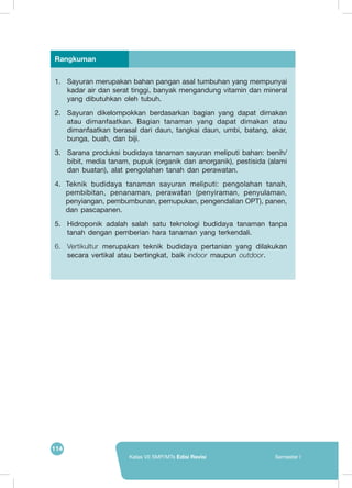 114
Kelas VII SMP/MTs Edisi Revisi Semester I
1.	 Sayuran merupakan bahan pangan asal tumbuhan yang mempunyai
kadar air dan serat tinggi, banyak mengandung vitamin dan mineral
yang dibutuhkan oleh tubuh.
2.	 Sayuran dikelompokkan berdasarkan bagian yang dapat dimakan
atau dimanfaatkan. Bagian tanaman yang dapat dimakan atau
dimanfaatkan berasal dari daun, tangkai daun, umbi, batang, akar,
bunga, buah, dan biji.
3.	 Sarana produksi budidaya tanaman sayuran meliputi bahan: benih/
bibit, media tanam, pupuk (organik dan anorganik), pestisida (alami
dan buatan), alat pengolahan tanah dan perawatan.
4.	 Teknik budidaya tanaman sayuran meliputi: pengolahan tanah,
pembibitan, penanaman, perawatan (penyiraman, penyulaman,
penyiangan, pembumbunan, pemupukan, pengendalian OPT), panen,
dan pascapanen.
5.	 Hidroponik adalah salah satu teknologi budidaya tanaman tanpa
tanah dengan pemberian hara tanaman yang terkendali.
6.	 Vertikultur merupakan teknik budidaya pertanian yang dilakukan
secara vertikal atau bertingkat, baik indoor maupun outdoor.
Rangkuman
 