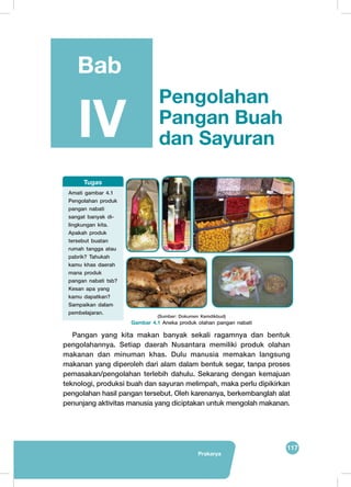 117
Prakarya
	
  
	
  
	
  
	
   	
  
Pangan yang kita makan banyak sekali ragamnya dan bentuk
pengolahannya. Setiap daerah Nusantara memiliki produk olahan
makanan dan minuman khas. Dulu manusia memakan langsung
makanan yang diperoleh dari alam dalam bentuk segar, tanpa proses
pemasakan/pengolahan terlebih dahulu. Sekarang dengan kemajuan
teknologi, produksi buah dan sayuran melimpah, maka perlu dipikirkan
pengolahan hasil pangan tersebut. Oleh karenanya, berkembanglah alat
penunjang aktivitas manusia yang diciptakan untuk mengolah makanan.
(Sumber: Dokumen Kemdikbud)
Gambar 4.1 Aneka produk olahan pangan nabati
Amati gambar 4.1
Pengolahan produk
pangan nabati
sangat banyak di-
lingkungan kita.
Apakah produk
tersebut buatan
rumah tangga atau
pabrik? Tahukah
kamu khas daerah
mana produk
pangan nabati tsb?
Kesan apa yang
kamu dapatkan?
Sampaikan dalam
pembelajaran.
Tugas
Pengolahan
Pangan Buah
dan Sayuran
Bab
IV
 