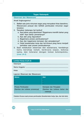 122
Kelas VII SMP/MTs Edisi Revisi Semester I
Observasi dan Wawancara
Amati lingkunganmu!	
1.	 Belilah satu jenis minuman segar yang merupakan khas daerahmu.
Wawancarai penjual dan telitilah pembuatan minuman segar
tersebut.
2.	 Tanyakan beberapa hal berikut!
a.	 Apa bahan yang diperlukan? Bagaimana memilih bahan yang
baik? Apa bahan pemanisnya?
b.	Apa alat yang digunakan?
c.	 Bagaimana proses pembuatannya?
d.	Apa dan bagaimana kemasan dan penyajiannya?
e.	 Catat keselamatan kerja dan hal khusus yang harus menjadi
perhatian saat proses pembuatannya.
3.	 Saat melakukan observasi dan wawancara, hendaknya
kamu bersikap ramah, berbicara sopan, bekerja
sama, dan toleransi dengan teman kelompokmu.
(Lihat LK-2)
Tugas Kelompok
Kelompok		 : ..................................................................................................
Nama Anggota	: ..................................................................................................
Kelas			 : ..................................................................................................
Laporan Observasi dan Wawancara
Bahan
•
•
•
Alat
•
•
•
Proses Pembuatan
(Gambar dan tuliskan prosesnya)
Kemasan dan Penyajian
(Gambar dan tuliskan bahan dan
caranya)
Catatan khusus saat proses pembuatan (keselamatan kerja, tips, dan lain-lain).
	 .............................................................................................................................
Lembar Kerja 2 (LK-2)
 