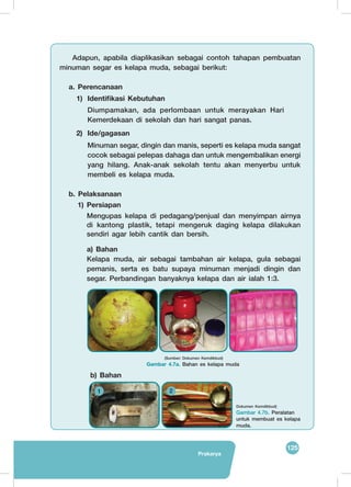 125
Prakarya
	 Adapun, apabila diaplikasikan sebagai contoh tahapan pembuatan
minuman segar es kelapa muda, sebagai berikut:
a. Perencanaan
1)	 Identifikasi Kebutuhan
	 Diumpamakan, ada perlombaan untuk merayakan Hari 	
Kemerdekaan di sekolah dan hari sangat panas.
2)	 Ide/gagasan
	 Minuman segar, dingin dan manis, seperti es kelapa muda sangat
cocok sebagai pelepas dahaga dan untuk mengembalikan energi
yang hilang. Anak-anak sekolah tentu akan menyerbu untuk
membeli es kelapa muda.
b. Pelaksanaan
1)	 Persiapan
	 Mengupas kelapa di pedagang/penjual dan menyimpan airnya
di kantong plastik, tetapi mengeruk daging kelapa dilakukan
sendiri agar lebih cantik dan bersih.
a) Bahan
Kelapa muda, air sebagai tambahan air kelapa, gula sebagai
pemanis, serta es batu supaya minuman menjadi dingin dan
segar. Perbandingan banyaknya kelapa dan air ialah 1:3.
	
  
	
   	
  
(Sumber: Dokumen Kemdikbud)
Gambar 4.7a. Bahan es kelapa muda
	
  	
  
Dokumen Kemdikbud)
Gambar 4.7b. Peralatan
untuk membuat es kelapa
muda.
b) Bahan
1 2
 