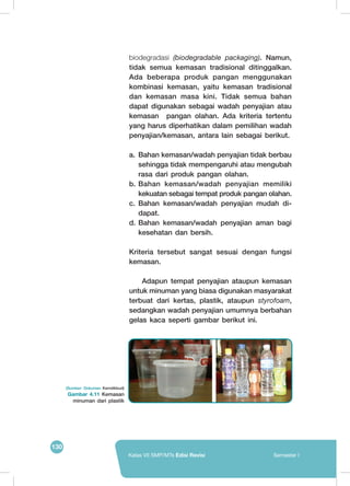 130
Kelas VII SMP/MTs Edisi Revisi Semester I
biodegradasi (biodegradable packaging). Namun,
tidak semua kemasan tradisional ditinggalkan.
Ada beberapa produk pangan menggunakan
kombinasi kemasan, yaitu kemasan tradisional
dan kemasan masa kini. Tidak semua bahan
dapat digunakan sebagai wadah penyajian atau
kemasan pangan olahan. Ada kriteria tertentu
yang harus diperhatikan dalam pemilihan wadah
penyajian/kemasan, antara lain sebagai berikut.
a.	 Bahan kemasan/wadah penyajian tidak berbau
sehingga tidak mempengaruhi atau mengubah
rasa dari produk pangan olahan.
b.	Bahan kemasan/wadah penyajian memiliki
kekuatan sebagai tempat produk pangan olahan.
c.	 Bahan kemasan/wadah penyajian mudah di-
dapat.
d.	Bahan kemasan/wadah penyajian aman bagi
kesehatan dan bersih.
Kriteria tersebut sangat sesuai dengan fungsi
kemasan.
	 Adapun tempat penyajian ataupun kemasan
untuk minuman yang biasa digunakan masyarakat
terbuat dari kertas, plastik, ataupun styrofoam,
sedangkan wadah penyajian umumnya berbahan
gelas kaca seperti gambar berikut ini.
	
  
(Sumber: Dokumen Kemdikbud)
Gambar 4.11 Kemasan
minuman dari plastik
 