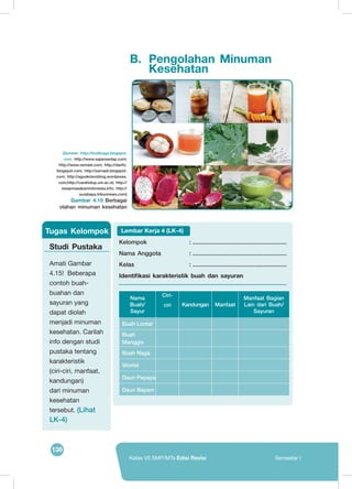 136
Kelas VII SMP/MTs Edisi Revisi Semester I
B.	 Pengolahan Minuman
Kesehatan
	
  
Kelompok			 : .........................................................
Nama Anggota 		 : .........................................................
Kelas				 : .........................................................
Identifikasi karakteristik buah dan sayuran
Nama
Buah/
Sayur
Ciri-
ciri Kandungan Manfaat
Manfaat Bagian
Lain dari Buah/
Sayuran
Buah Lontar
Buah
Manggis
Buah Naga
Wortel
Daun Pepaya
Daun Bayam
Lembar Kerja 4 (LK-4)
Studi Pustaka
Amati Gambar
4.15! Beberapa
contoh buah-
buahan dan
sayuran yang
dapat diolah
menjadi minuman
kesehatan. Carilah
info dengan studi
pustaka tentang
karakteristik
(ciri-ciri, manfaat,
kandungan)
dari minuman
kesehatan
tersebut. (Lihat
LK-4)
Tugas Kelompok
(Sumber: http://budiboga.blogspot.
com, http://www.sajiansedap.com;
http://www.vemale.com; http://darifo.
blogspot.com; http://zarnadi.blogspot.
com; http://aguskrisnoblog.wordpress.
com;http://carahidup.um.ac.id; http://
resepmasakanindonesia.info; http://
surabaya.tribunnews.com)
Gambar 4.15 Berbagai
olahan minuman kesehatan
 