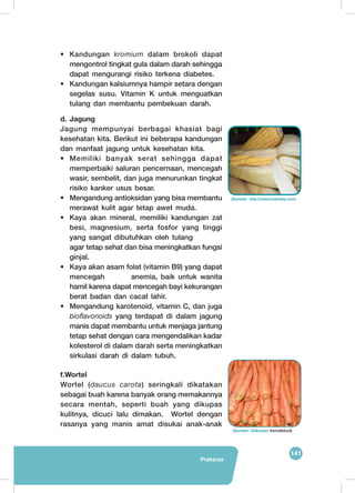141
Prakarya
(Sumber: Dokumen Kemdikbud)
•	Kandungan kromium dalam brokoli dapat
mengontrol tingkat gula dalam darah sehingga
dapat mengurangi risiko terkena diabetes.
•	 Kandungan kalsiumnya hampir setara dengan
segelas susu. Vitamin K untuk menguatkan
tulang dan membantu pembekuan darah.
d.	Jagung
Jagung mempunyai berbagai khasiat bagi
kesehatan kita. Berikut ini beberapa kandungan
dan manfaat jagung untuk kesehatan kita.
•	 Memiliki banyak serat sehingga dapat
memperbaiki saluran pencernaan, mencegah
wasir, sembelit, dan juga menurunkan tingkat
risiko kanker usus besar.
•	 Mengandung antioksidan yang bisa membantu
merawat kulit agar tetap awet muda.
•	 Kaya akan mineral, memiliki kandungan zat
besi, magnesium, serta fosfor yang tinggi
yang sangat dibutuhkan oleh tulang 		
agar tetap sehat dan bisa meningkatkan fungsi
ginjal.
•	 Kaya akan asam folat (vitamin B9) yang dapat
mencegah 	 anemia, baik untuk wanita
hamil karena dapat mencegah bayi kekurangan
berat badan dan cacat lahir.
•	 Mengandung karotenoid, vitamin C, dan juga
bioflavonoids yang terdapat di dalam jagung
manis dapat membantu untuk menjaga jantung
tetap sehat dengan cara mengendalikan kadar
kolesterol di dalam darah serta meningkatkan
sirkulasi darah di dalam tubuh.
f.Wortel
Wortel (daucus carota) seringkali dikatakan
sebagai buah karena banyak orang memakannya
secara mentah, seperti buah yang dikupas
kulitnya, dicuci lalu dimakan. Wortel dengan
rasanya yang manis amat disukai anak-anak
(Sumber: http://www.kidnesia.com)	
  
 