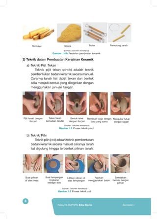 8
Kelas VII SMP/MTs Edisi Revisi Semester I
3) Teknik dalam Pembuatan Kerajinan Keramik
a)	Teknik Pijit Tekan
Teknik pijit tekan (pinch) adalah teknik
pembentukan badan keramik secara manual.
Caranya tanah liat dipijit tekan dari bentuk
bola menjadi bentuk yang diinginkan dengan
menggunakan jari-jari tangan.
b)	Teknik Pilin
Teknik pilin (coil) adalah teknik pembentukan
badan keramik secara manual caranya tanah
liat digulung hingga terbentuk pilinan tanah.
(Sumber: Dokumen Kemdikbud)
Gambar 1.4.b Peralatan pembuatan keramik
Rol kayu Spons Butsir Pemotong tanah
(Sumber: Dokumen Kemdikbud)
Gambar 1.5 Proses teknik pinch
Pijit tanah dengan
ibu jari
Tekan tanah
kemudian diputar
Bentuk leher
dengan ibu jari
Membuat tutup dengan
cara yang sama
Mengukur tutup
dengan badan
Buat pilinan
di atas meja
Buat lempengan
lingkaran
sebagai alas
Lilitkan pilinan di
atas lempengan
Rapikan
menggunakan butsir
Selesaikan
bentuk dengan
pilinan
(Sumber: Dokumen Kemdikbud)
Gambar 1.6 Proses teknik coil
 
