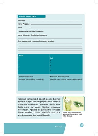 145
Prakarya
Kelompok	: .................................................................................................................
Nama Anggota	: .................................................................................................................
Kelas	: .................................................................................................................
Laporan Observasi dan Wawancara
Nama Minuman Kesehatan Daerahku:
..............................................................................................................................................
Sejarah/asal-usul minuman kesehatan tersebut:
..............................................................................................................................................
..............................................................................................................................................
..............................................................................................................................................
..............................................................................................................................................
..............................................................................................................................................
Bahan
•
•
•
•
•
Alat
•
•
•
•
•
Proses Pembuatan
(Gambar dan tuliskan prosesnya)
Kemasan dan Penyajian
(Gambar dan tuliskan bahan dan caranya)
Lembar Kerja 5 (LK-5)
Tahukah kamu jika di daerah pesisir banyak
terdapat rumput laut yang dapat diolah menjadi
minuman kesehatan. Tanaman cincau dan
lidah buaya pun dapat dijadikan minuman
kesehatan. Apabila di daerahmu terdapat
bahan tersebut, cobalah cari informasi cara
pembuatannya dan praktikkanlah.
(Sumber: http://3.bp.blogspot.com)
Minuman kesehatan dari
lidah buaya
 