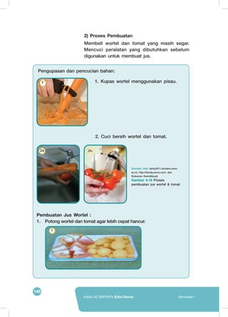148
Kelas VII SMP/MTs Edisi Revisi Semester I
1. Kupas wortel menggunakan pisau.
Pengupasan dan pencucian bahan:
	
   1
2) Proses Pembuatan
Membeli wortel dan tomat yang masih segar.
Mencuci peralatan yang dibutuhkan sebelum
digunakan untuk membuat jus.
(Sumber: http: tanty2011.student.umm.
ac.id, http://family.seruu.com, dan
Dokumen Kemdikbud)
Gambar 4.18 Proses
pembuatan jus wortel & tomat
2. Cuci bersih wortel dan tomat.
2a 2b
1
Pembuatan Jus Wortel :
1.	 Potong wortel dan tomat agar lebih cepat hancur.
 