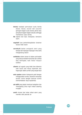 165
Prakarya
Glosarium
tekstur keadaan permukaan suatu benda
(kasar, halus); ukuran dan susunan
(jaringan) bagian suatu benda; jalinan atau
penyatuan bagian-bagian sesuatu sehingga
membentuk suatu benda.
tile sejenis kain tipis, transparan, berwarna
warni.
vegetatif cara perkembangbiakan tanaman
secara tidak kawin
vermikulit bahan anorganik steril yang
berasal dari kepingan-kepingan mika serta
mengandung kalium
vertikultur sistem tanam di dalam pot/wadah
yang disusun/dirakit horizontal dan vertikal
atau bertingkat, baik indoor maupun
outdoor
vitamin zat organik yang tidak bisa dibentuk
oleh tubuh dan hanya diperoleh dari
lingkungan dalam jumlah yang sangat kecil
wick system sistem hidroponik pasif dengan
menggunakan sumbu; tanaman menyerap
larutan nutrisi dengan bantuan sumbu
(memanfaatkan daya kapilaritas)
zat aditif yang dapat membuat ketagihan dan
merangsang untuk ingin makan sesering
mungkin
zeolit mineral dari kelas silikat alami yang
memiliki sifat pelunak air
 